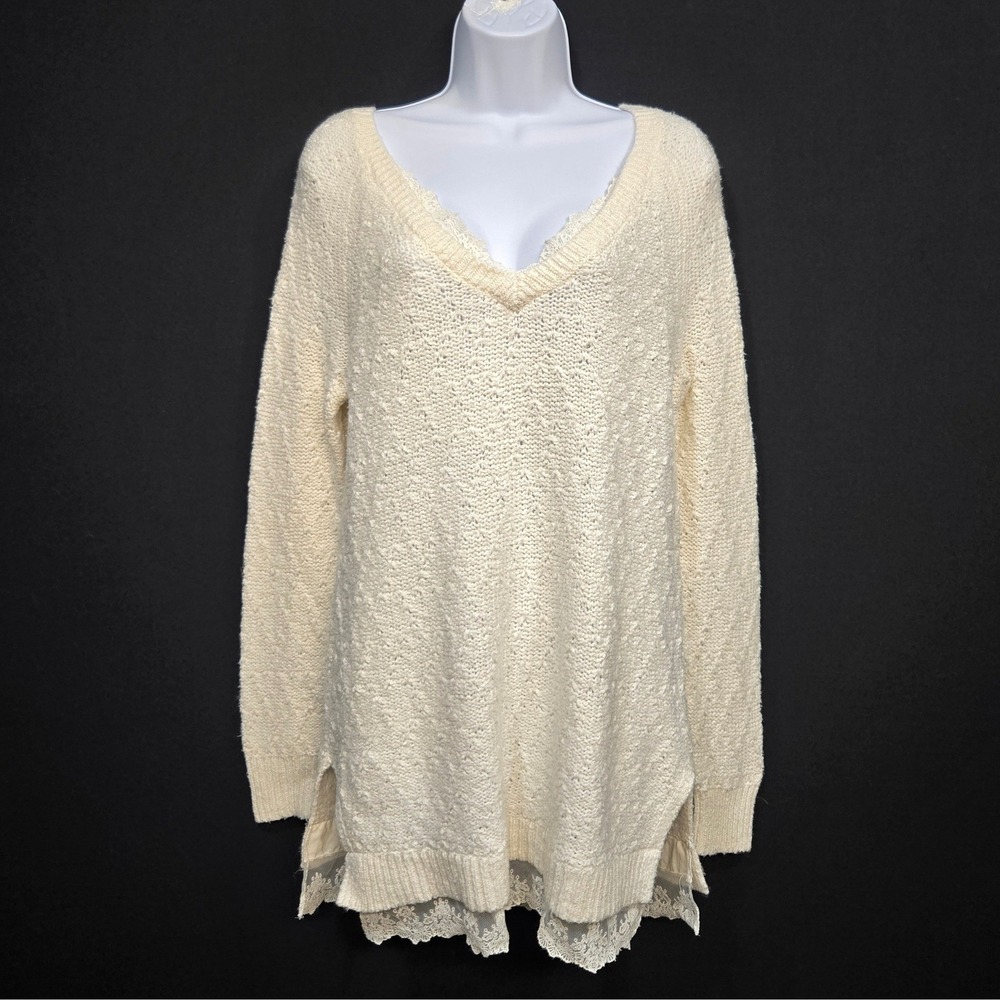 Anthropologie Sweater Womens Medium Lace Trim Deep V Neck Y2K Coquette Romantic